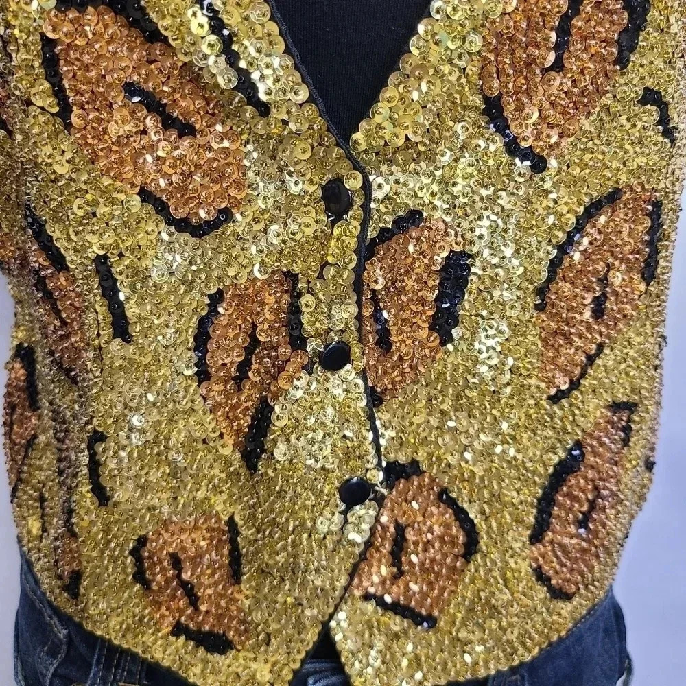 Chantik Vintage Full Sequin Vest Cat Eye Leopard Print Orange Gold Black - Picture 3 of 13